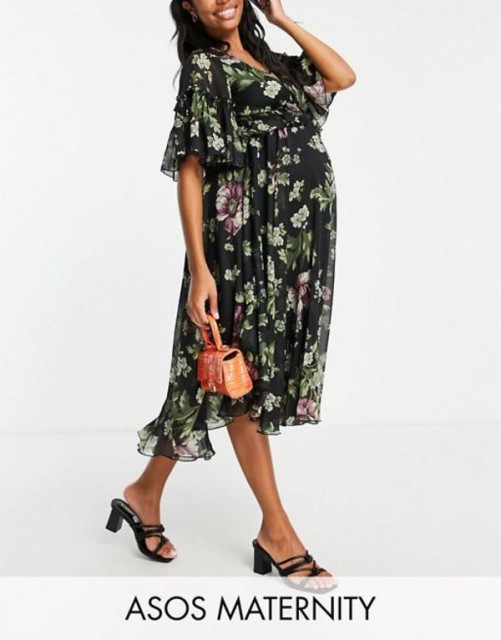 エイソス レディース ワンピース トップス ASOS DESIGN Maternity printed flutter sleeve midi dress with pleated waist and button de