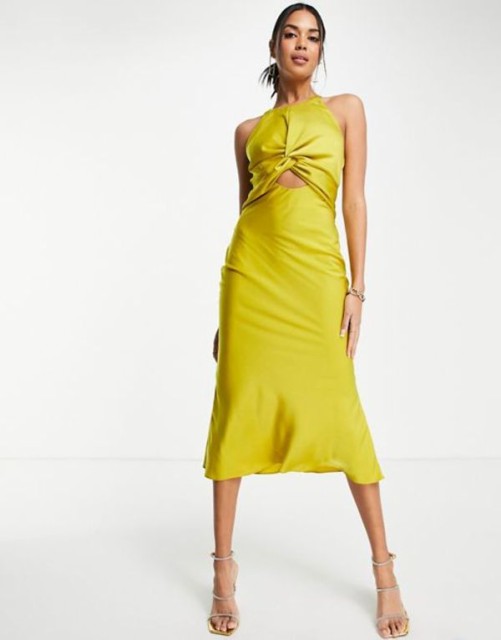 エイソス レディース ワンピース トップス ASOS DESIGN knot front satin midi dress with tie back detail in olive Olive