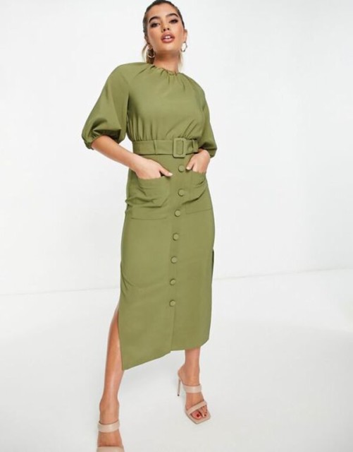 エイソス レディース ワンピース トップス ASOS DESIGN puff sleeve button through belted midi dress in khaki Khaki