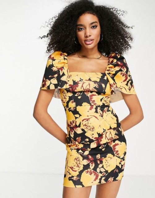 エイソス レディース ワンピース トップス ASOS DESIGN extreme sleeve mini dress in yellow floral print YELLOW FLORAL