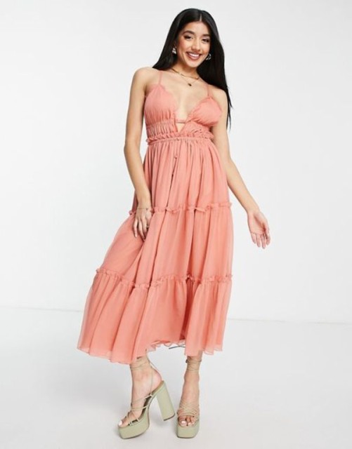 エイソス レディース ワンピース トップス ASOS DESIGN button through tiered midi dress with lace trim detail in rose Rose