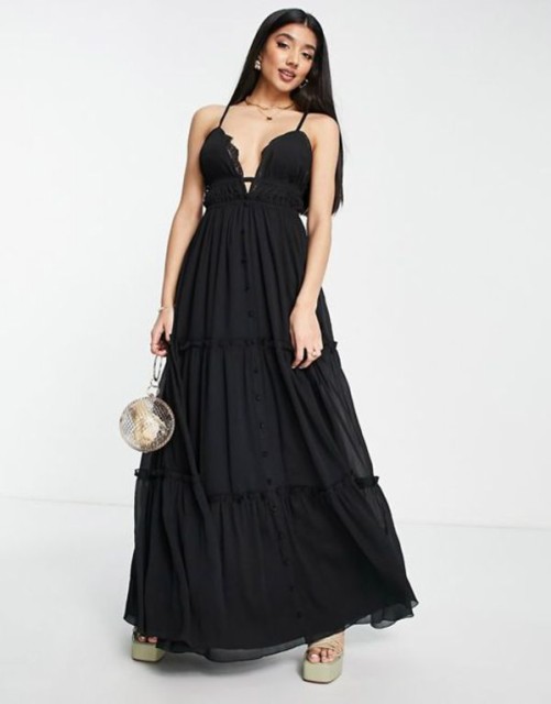 エイソス レディース ワンピース トップス ASOS DESIGN button through tiered maxi dress with lace trim detail in black Black