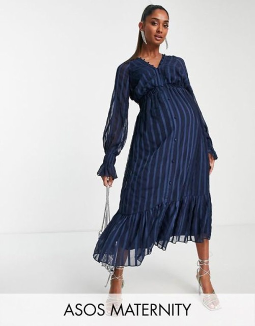 エイソス レディース ワンピース トップス ASOS DESIGN Maternity satin stripe midi dress with blouson sleeve and button detail in n