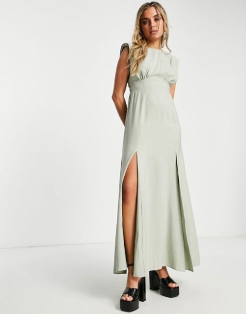 エイソス レディース ワンピース トップス ASOS DESIGN sleeveless shoulder pad linen maxi dress with slits in sage SAGE