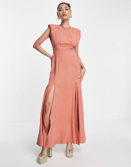 エイソス レディース ワンピース トップス ASOS DESIGN sleeveless shoulder pad linen maxi dress with slits in terracotta RUST