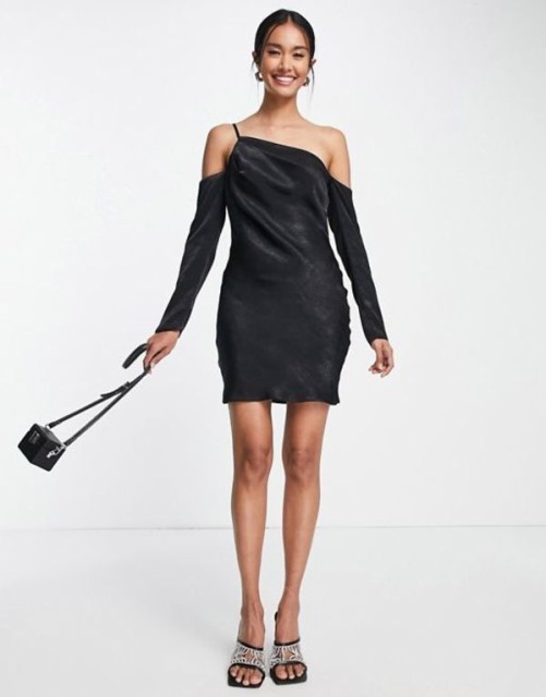 エイソス レディース ワンピース トップス ASOS DESIGN asymmetric satin mini dress with cold shoulder in black Black