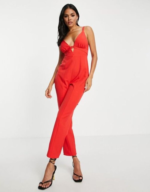 エイソス レディース ワンピース トップス ASOS DESIGN strappy plunge peg leg jumpsuit in red Red