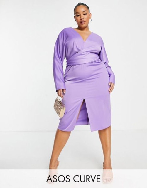 エイソス レディース ワンピース トップス ASOS DESIGN Curve midi dress with batwing sleeve and  wrap waist in lilac satin Lilac - aquapolis.com.pt