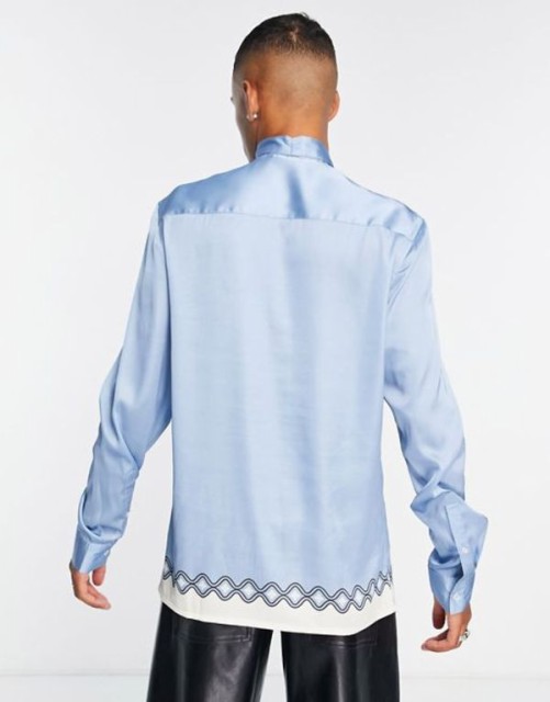 エイソス メンズ シャツ トップス Asos Design Regular Satin Shirt With Tie Neck In Blue Border Print Blueの通販はau 4689