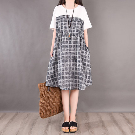 New限定品 ワンピース レディース 夏服 お出かけ 大人可愛い 格子柄 ２トーン ミモレ丈 Aライン 代 ブラック ベージュ ブルー ゆったり マタニテ 信頼 Asadtv Com