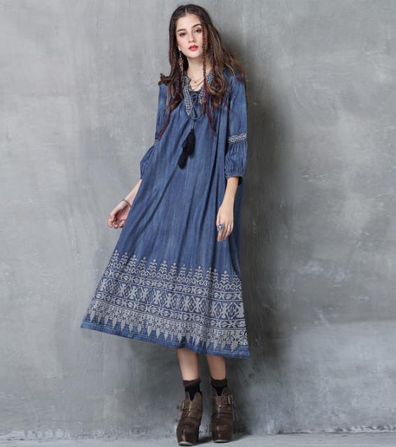 レトロ ボヘミアン 刺繍 デニムドレス ミモレ丈 デニムワンピース レディース 膝下丈 春物 カジュアル の通販はau Wowma ワウマ Fashion Trade 商品ロットナンバー