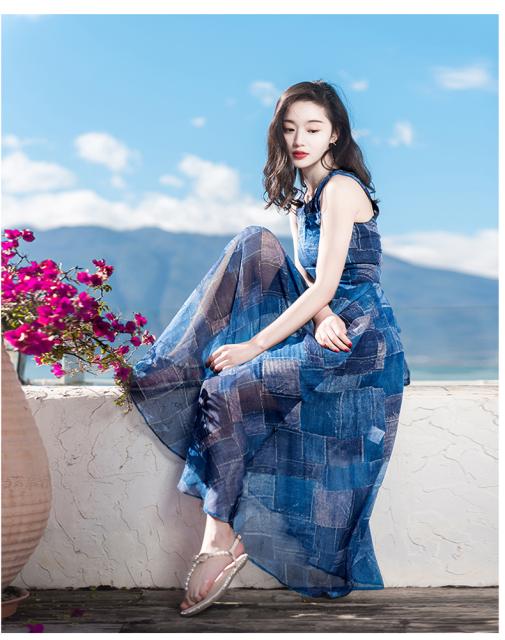 Sale 送料無料 リゾート シフォン ロング丈 Vネック ノースリーブ ボヘミアン Aライン シンプル フェミニン 夏 ハイウエスト 青 ワンピース 再再販 Iacymperu Org