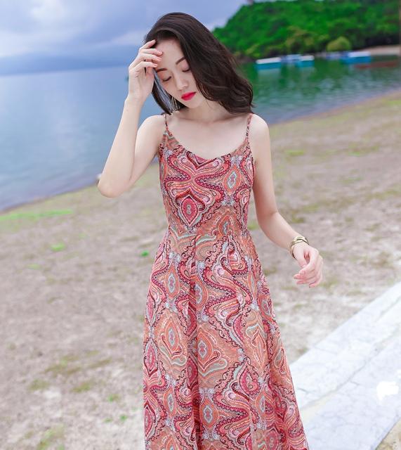 プレミア商品 リゾートワンピース シフォン ロング丈 ラウンドネック ノースリーブ ボヘミアン 大スイング Aライン ハイウエスト 赤 ワンピース 夏 手数料安い Www Iacymperu Org