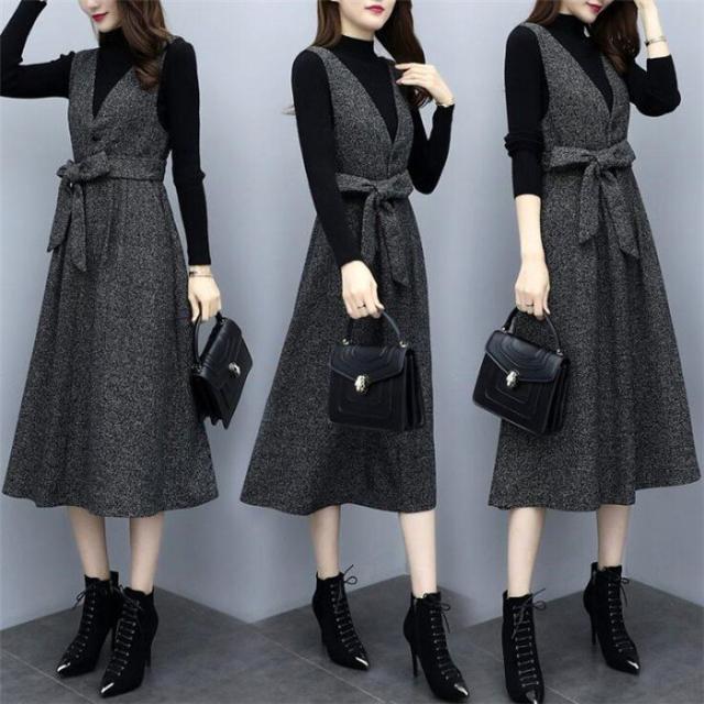 ランキング1位獲得 お得なタイムセール開催中 セットアップ レディース 秋 冬 ジャンパースカート フレアワンピース Aラインワンピ 40代 Vネック ロング ベ 爆安プライス Www Iacymperu Org