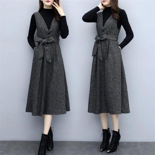 ランキング1位獲得 お得なタイムセール開催中 セットアップ レディース 秋 冬 ジャンパースカート フレアワンピース Aラインワンピ 40代 Vネック ロング ベ 爆安プライス Www Iacymperu Org