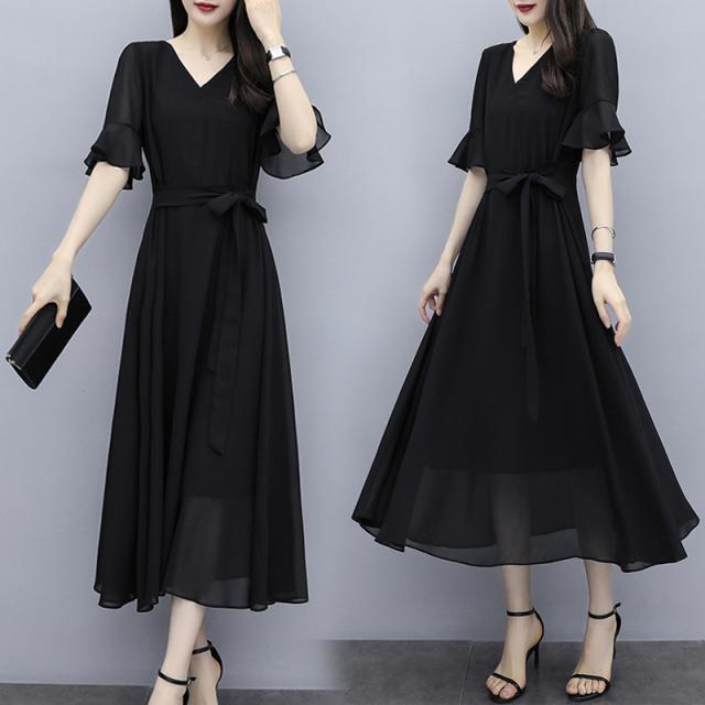 速達メール便 ワンピース レディース きれいめ シフォンワンピース 半袖 夏ワンピース シフォン ロングワンピース 膝丈 黒 Aラインワンピ ロング ティ クーポン配布中 交換無料 Www Iacymperu Org