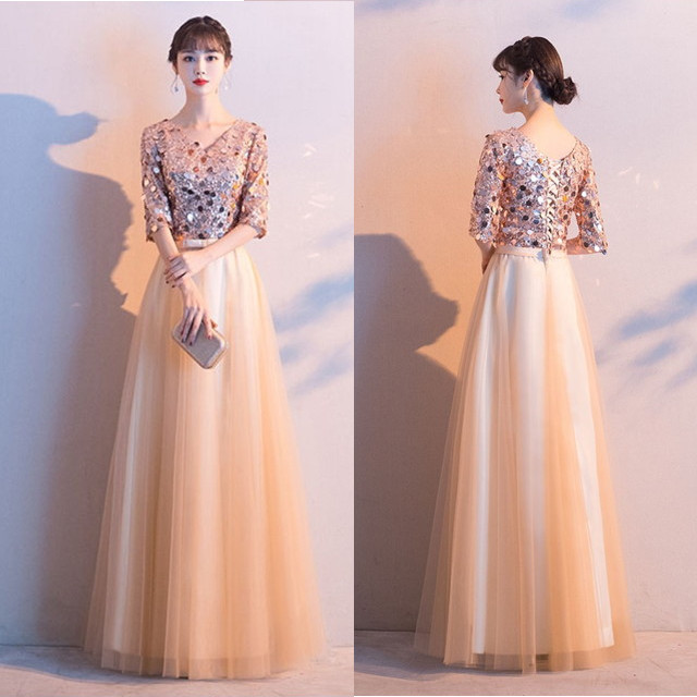 ロングドレス パーティードレス 結婚式 二次会 お呼ばれ マキシ丈 ワンピース ドレス 代 30代 40代 五分袖 袖あり スパンコールの通販はau Pay マーケット Happy Dress Wowma店 商品ロットナンバー