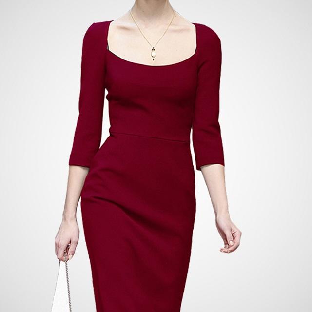 国内最安値 スクウェアネック カットソータイプ タイトワンピース 黒 赤 ピンク 膝下丈 七分袖 レビューで送料無料 Www Iacymperu Org
