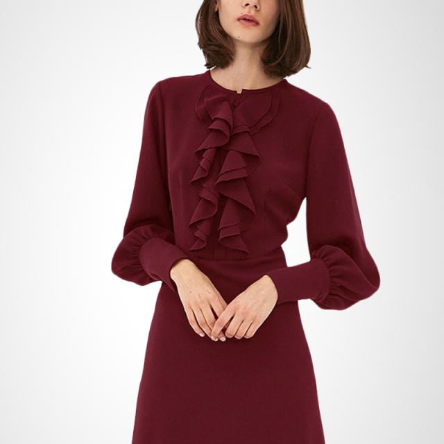 期間限定価格 胸元フリルが上品 長袖 フリル ワンピース ワインレッド 紺 膝下丈 Sale 送料無料 Www Iacymperu Org