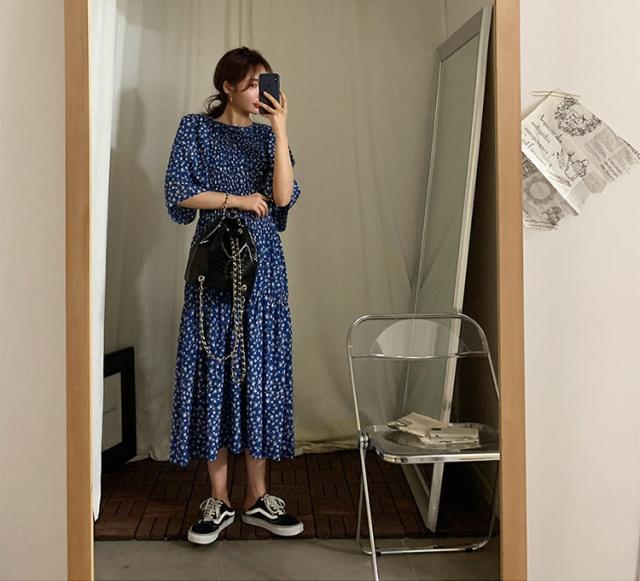 クリアランスセール ラウンドネック 小花柄 ウエストシャーリング ティアード ワンピース ミモレ丈 格安人気 Lovemesomegadgets Com