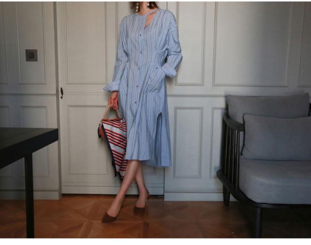 21春夏新色 レギンスと合わせてどうぞ アシメトリー ネックデザイン ストライプ シャツワンピース サイドスリット チュニック 珍しい Iacymperu Org