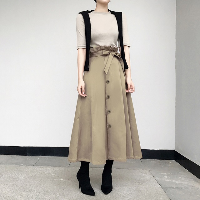 チャンピオン ハイウエスト ウエストリボン シングルブレスト ロングスカート ミモレ丈 ベージュ ブラック トレンチコート風デザイン 受賞店舗 Creativelimelight Com