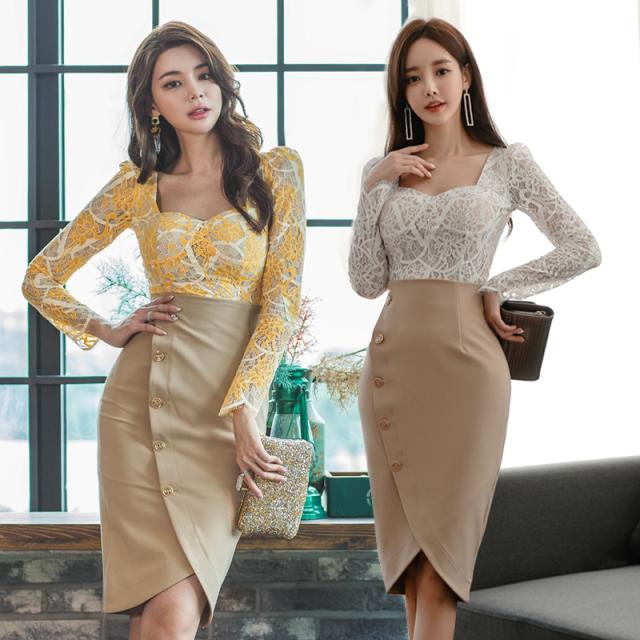 ポイント10倍 チューリップ風のスカートがカワイイ セットアップ 斜めボタン タイトスカート 膝丈 スクウェアネック 総レース トップス キナル別注 Carlavista Com