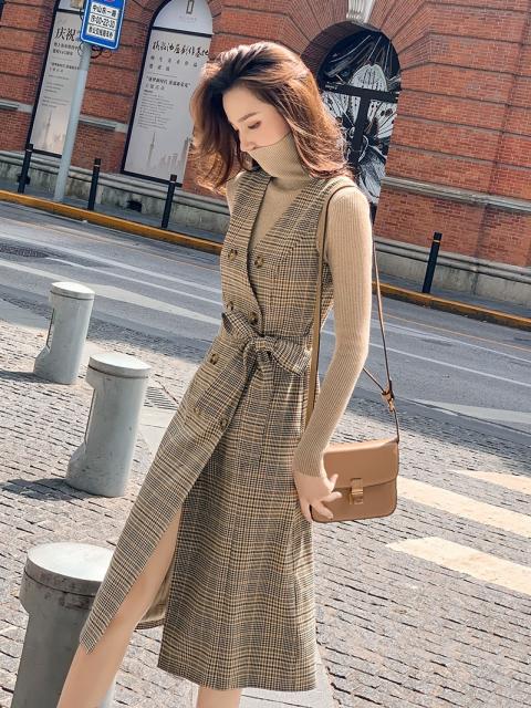 希少 レディース ワンピース ノースリーブ チェック柄 Vネック ベストワンピース ウエストマーク リボン ベルト ハイウエスト 膝下丈 ベージュ お洒落 Lovemesomegadgets Com