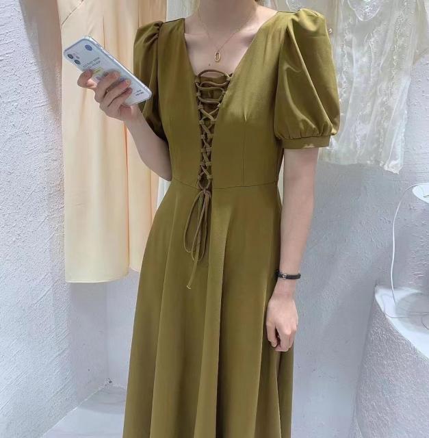 即納最大半額 ロング ワンピース レースアップ 編み上げ パフスリーブ リボン ガーリー レトロ フェミニン デート シンプル 大人可愛い 韓国ファッショ 21春夏 Www Iacymperu Org