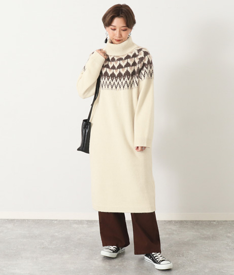 予約販売品 30 Off ノルディック柄オフタートルワンピース ファクター Factor レディース ワンピース 白 灰 紺 アイボリー グレー ネイビー 冬 数量限定 Sportunia Com