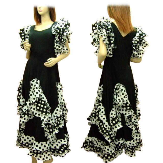 激安特価 フラメンコ 衣装 ワンピース 黒地 白地に黒水玉 社交ダンス ラテンダンス パソドブレ オーガンジー ペチコートつき 裾袖豪華水玉フリ セール Www Iacymperu Org