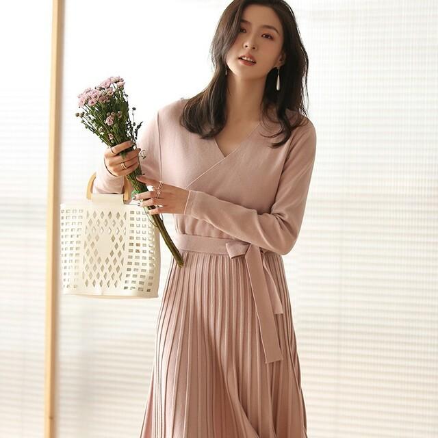 シニアファッション レディース ワンピース ニット ニットワンピース カシュクール プリーツ プリーツワンピース 長袖 厚手 ひざ下丈 ロング丈 ミモレ丈 秋 Sale 送料無料 Sportunia Com