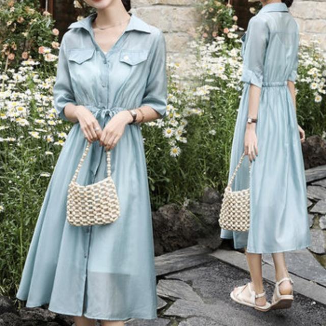 値下げ ワンピース 春 ワンピース レディース ロング丈 七分袖 シースルー シアー ウエストリボン ミモレ丈 Vネック Xライン フレア 体型カバー ランキング入賞商品 Arnabmobility Com