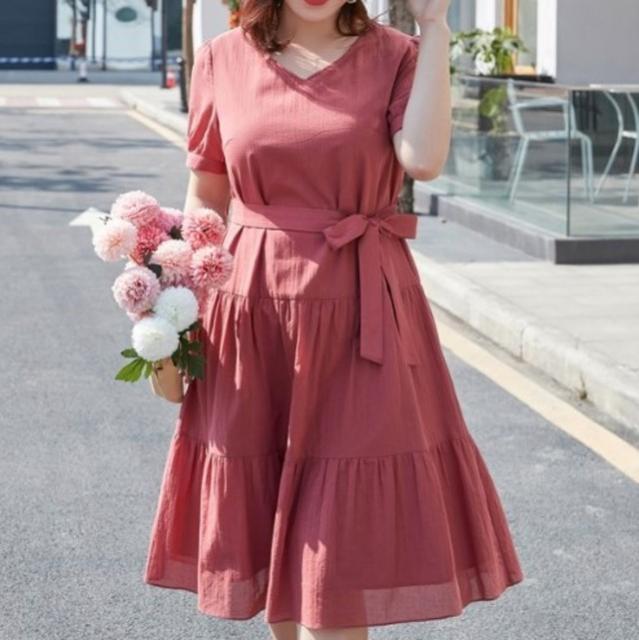 工場直送 夏新作 大きいサイズのレディースワンピース 夏 春 秋 ひざ下丈 Vネック 半袖 ウェストリボン ワンピース 体型カバー 無地 きれいめ 春物がお買い得 週末限定sale Www Iacymperu Org