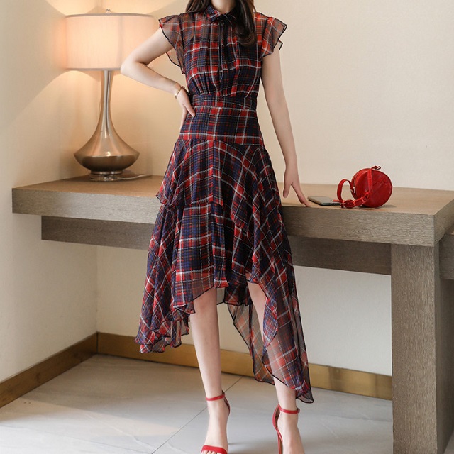 格安即決 シャツワンピース ロング丈 半袖 大人かわいい 肩フリル ワンピース シフォン 襟付き チェック柄 アシンメトリー 透け フレア 受賞店舗 Carlavista Com