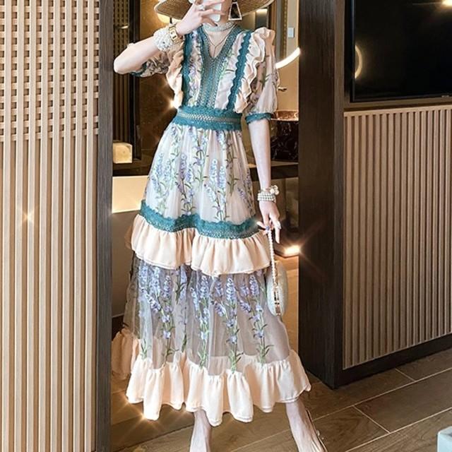 公式限定新作 送料無料 シャツワンピース ロング丈 半袖 大人かわいい 肩フリル ワンピース ポリエステル ｖネック 花柄 刺繍 春夏 レディース フェミニン アウトレット送料無料 Elskaveda Com