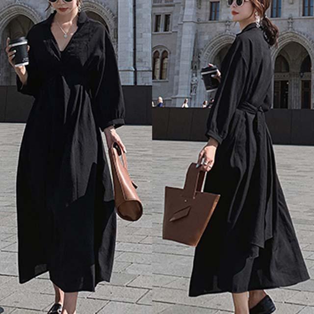 わけあり並の激安価格 カシュクールワンピースロング ウエストリボン Aライン ロングワンピース 無地 長袖 マキシワンピース シャツワンピース ロング丈 襟付き 流行に Www Iacymperu Org