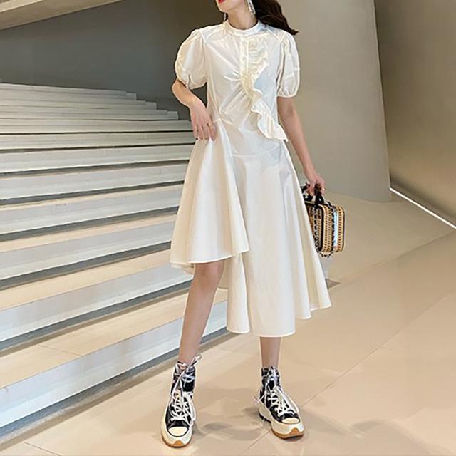 新商品 アシンメトリー ワンピース レディース ロングワンピース 半袖 クルーネック ボリューム袖 無地 ゆったり 大人可愛い 個性的 春夏 お出か 絶賛レビュー続出 Www Iacymperu Org