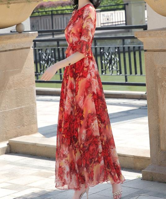 豪華 カシュクールワンピースロング 七分袖 マキシワンピース 花柄のワンピース 大きいサイズ ラウンドネック フリル袖 ボヘミアン 春夏 正規販売代理店 Elskaveda Com