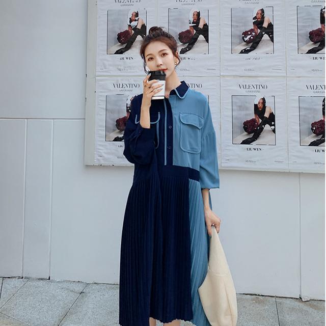 上質で快適 切り替え プリーツ ワンピース 大きいサイズ ロングワンピース 秋冬 襟付き 長袖 無地 ロング丈 バイカラー 大人可愛い レディース 工場直送 Alimamiy Ru