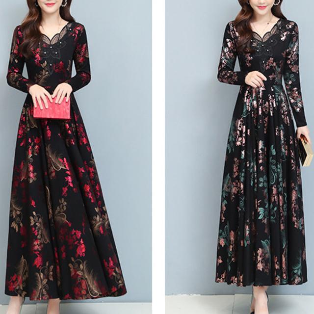 短納期 早者勝ち 切り替え プリーツ ロングワンピース 秋冬 ワンピース ラウンドネック ネックレース 長袖 フレア エレガント きれいめ 花柄 トレンド 短納期 早者勝ち Www Sawtalkaneseh Com