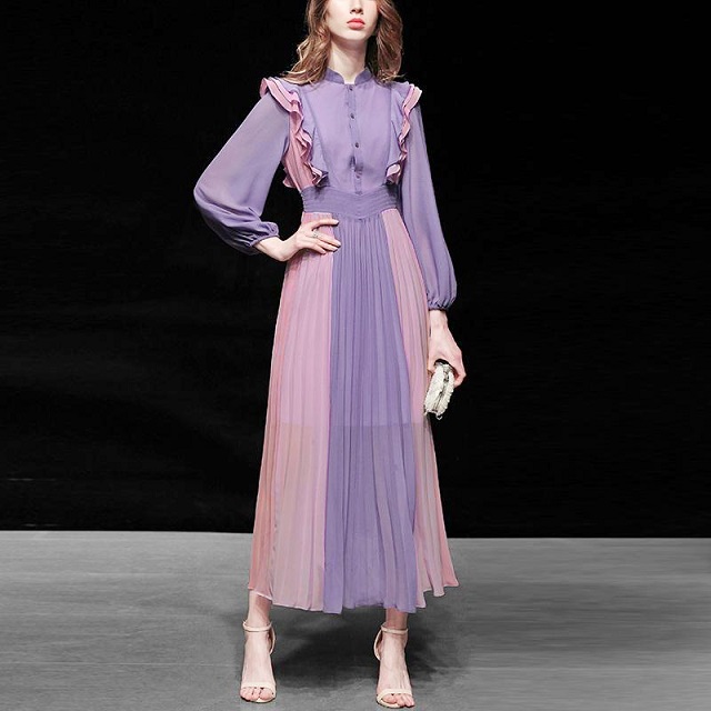 安い購入 切り替え プリーツ ワンピース 大きいサイズ ロングワンピース 秋冬 ラウンドネック 長袖 ワイドスリーブ ロング丈 フリル フレア 最適な材料 Elskaveda Com