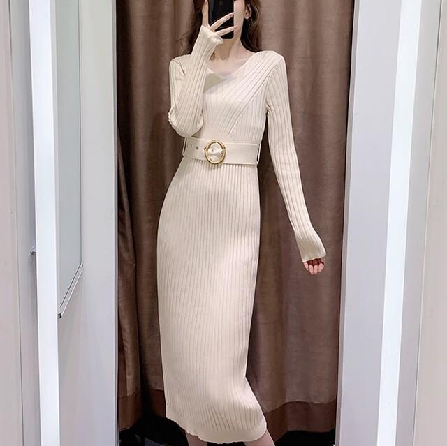 Vネック ニット レディース オフィスカジュアル ワンピース 秋服 冬服 シンプル デート ロング丈 長袖 タイト 無地 楽天スーパーセール