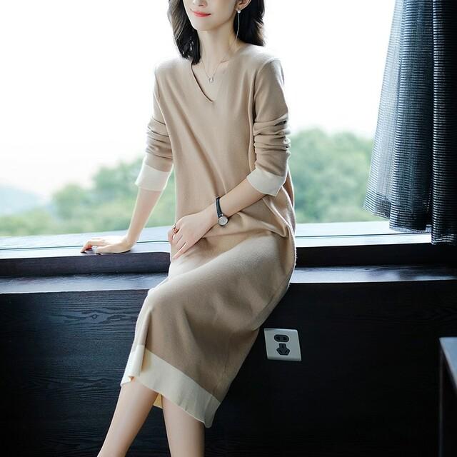 激安の Vネック ニット レディース オフィスカジュアル Vネック ワンピース 秋服 冬服 レディース 長袖 無地 ゆったり ロング丈 ベーシック 激安の Centroprofesorjuanbosch Com