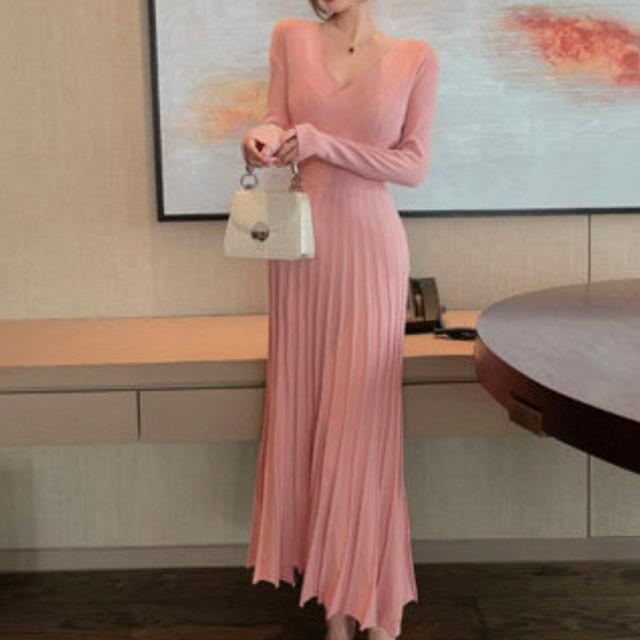 お歳暮 春新作 ニットワンピース ロング カシュクール プリーツ プリーツワンピース 長袖 ひざ下丈 ロング丈 ミモレ丈 冬 お呼ばれ オフィス 無 新商品 Www Centrodeladultomayor Com Uy