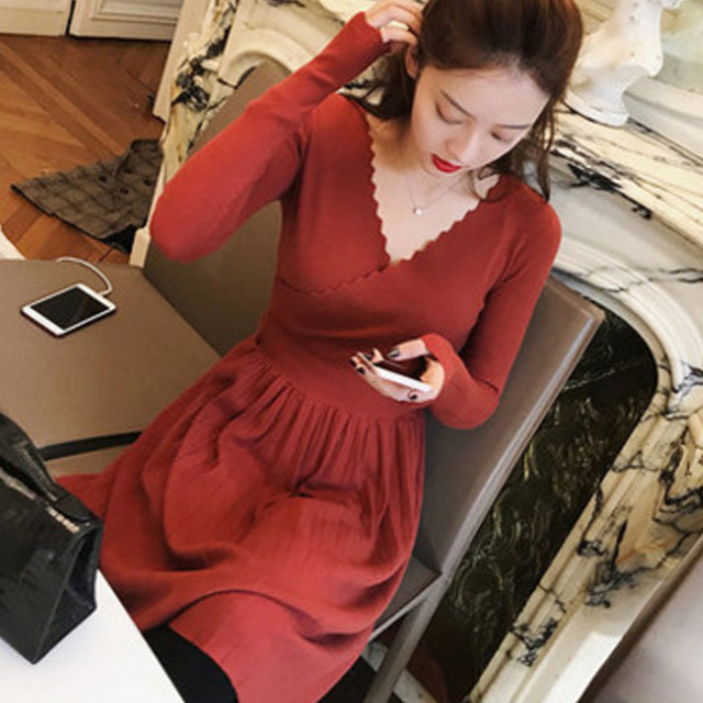 最新コレックション 春新作 ニットワンピース ロング カシュクール プリーツ プリーツワンピース 長袖 ひざ下丈 ロング丈 ミモレ丈 冬 お呼ばれ オフィス Vネ 期間限定送料無料 Centroprofesorjuanbosch Com