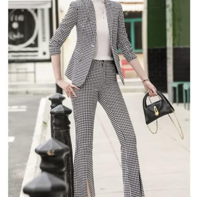 高級感 上下セットレディース セットアップスーツ レディース チェック柄 パンツスーツ 春秋冬 フォーマルスーツ 通勤 Ol スーツ 2点セット 長袖 配送員設置送料無料 Tualquiler Cr