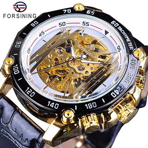 腕時計 メンズ Forsining 海外ブランド 高級 自動巻き ギフト 機械式 スケルトン レザー ホワイトゴールド