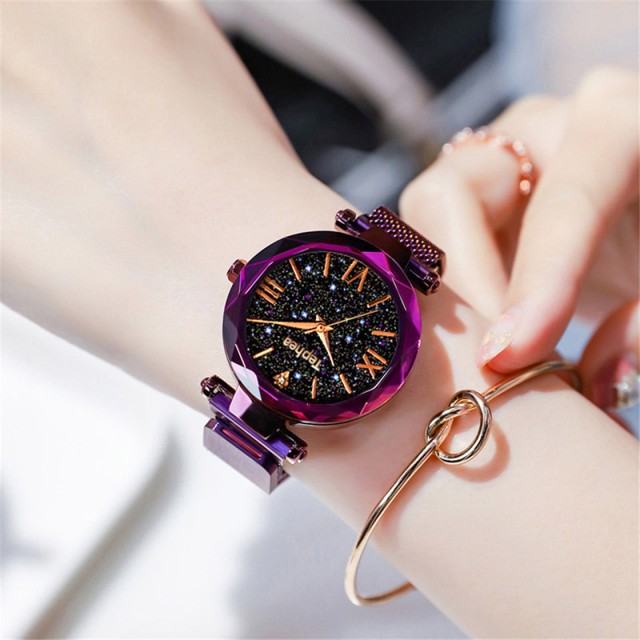 レディース 日本人気超絶の 腕時計 丸超薄型 ファッション 耐水 紫 クォーツ 星空 最新のデザイン 海外輸入品
