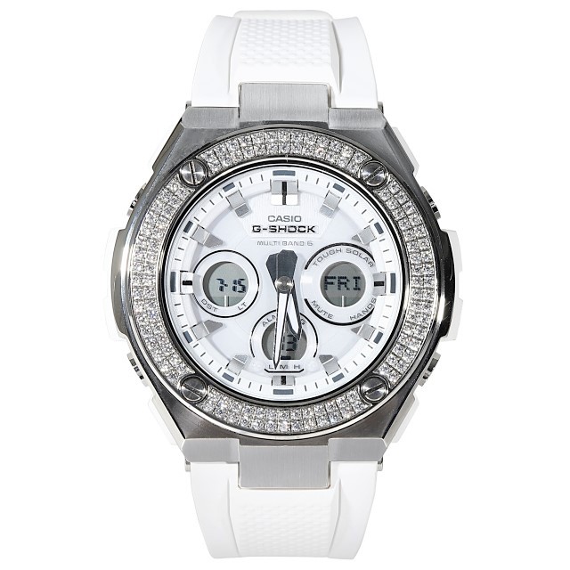 G-SHOCK GST w310 ホワイト 2連CZダイヤ（キュービックジルコニア）Gスチール 白 カスタムベゼル 18K WHITEGOLD